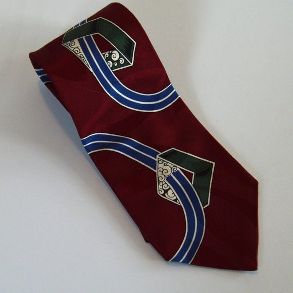 Vintage Bugatti 100% Silk Necktie - Burgundy with Blue/Green/White Geometric - Picture 6 of 8